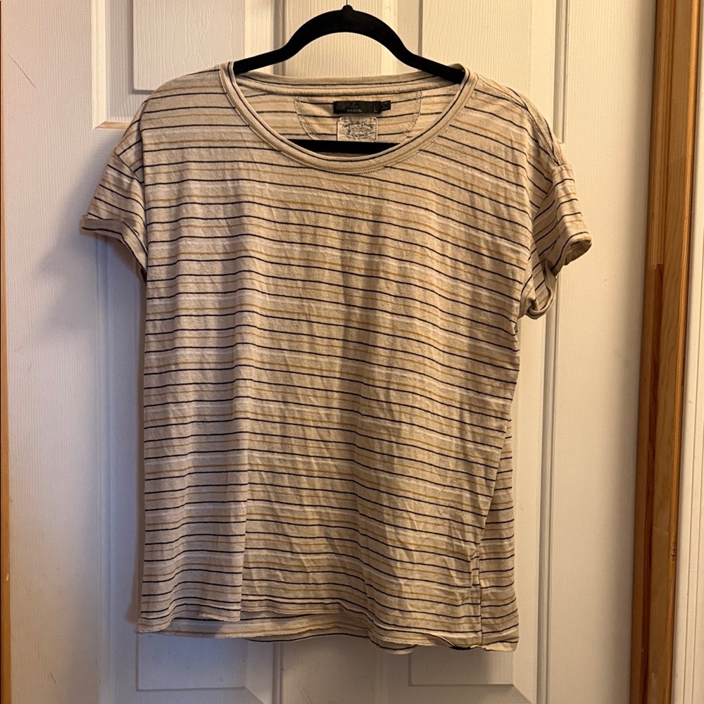Prana Beige and Black Striped Short Sleeve Tee